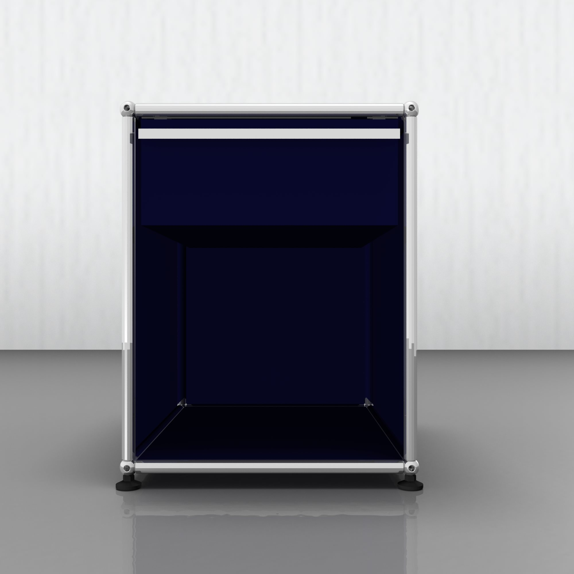 USM Haller Nachttisch in Stahlblau, minimalistisches Designmöbel für Schlafzimmer und modernes Wohnen.