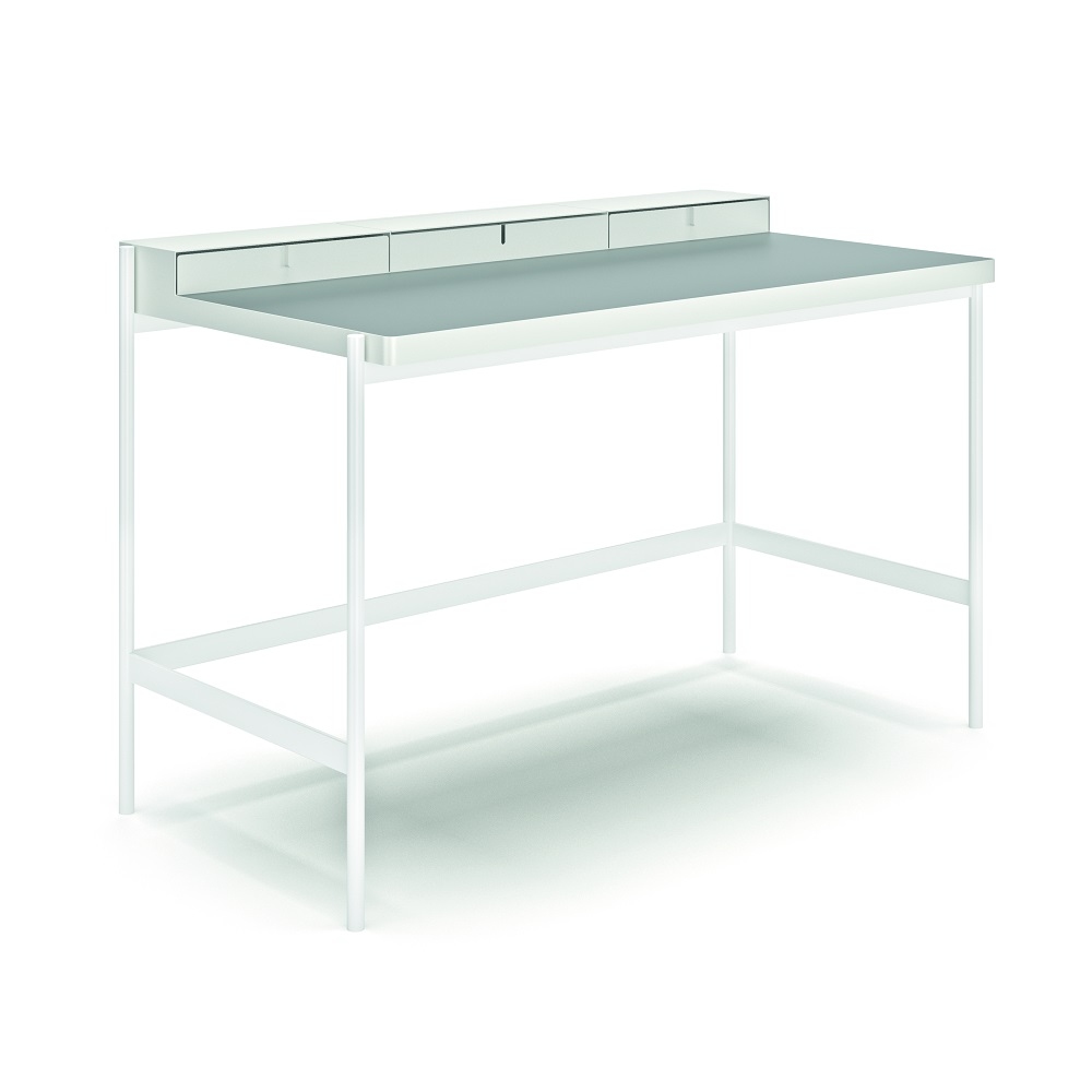 Weißer PS20 Schreibtisch von Müller Möbelfabrikation mit drei Schubladen und minimalistischem Design. Moderner Bürotisch für Arbeitszimmer.