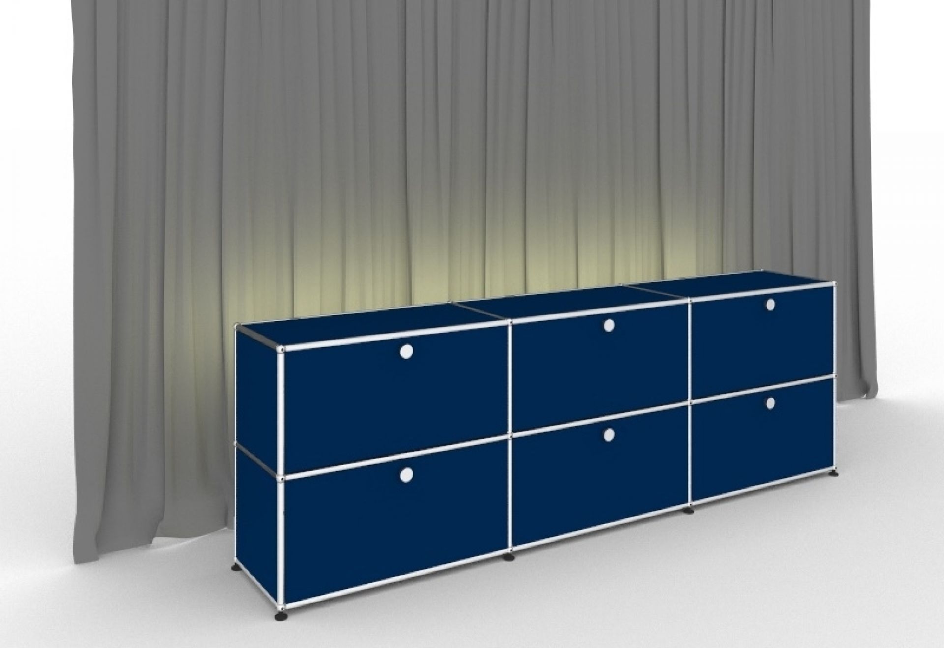 USM Haller Sideboard in Enzianblau mit sechs Klapptüren und Beleuchtung. Modernes Designmöbel.
