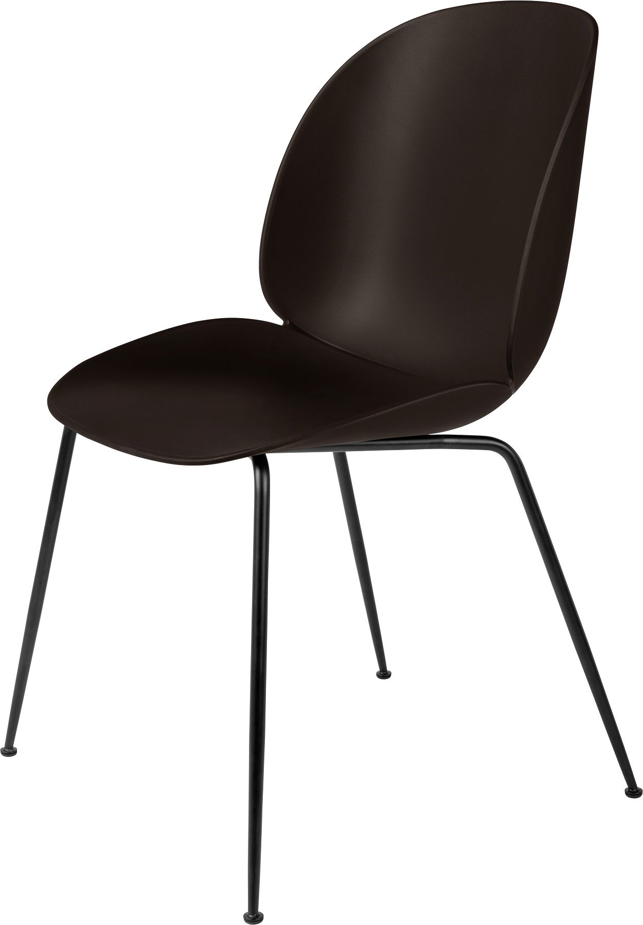 Brauner Beetle Chair Esszimmerstuhl von Gubi mit konischem, schwarzem Metallgestell, ungepolstert.