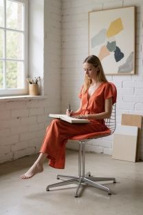 Frau sitzt auf modernem DKL-2 Wire Chair Stuhl von Vitra mit rotem Sitzpolster.