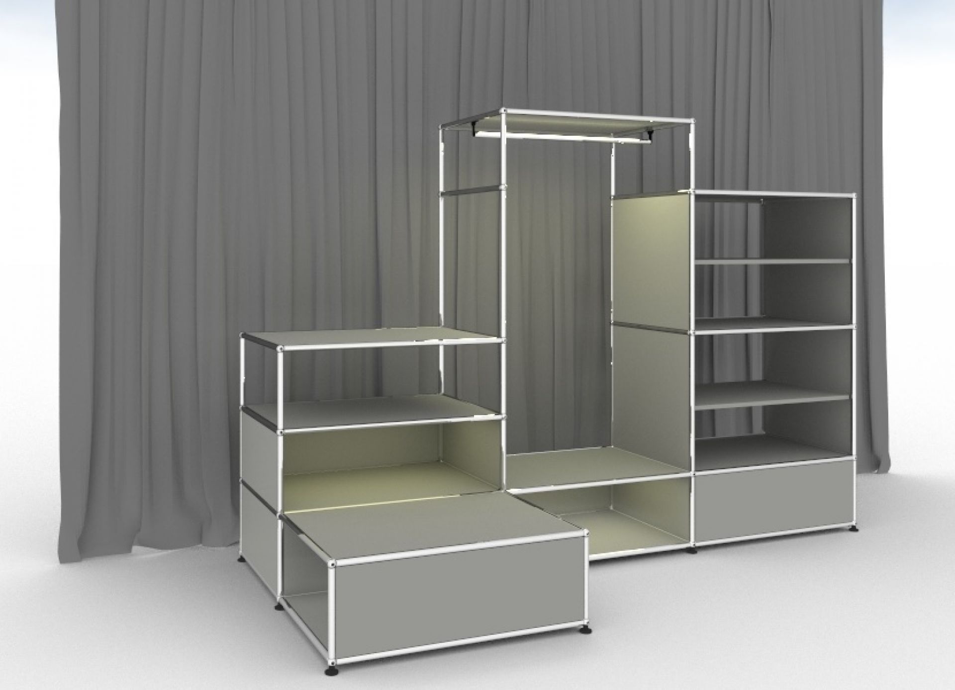 E Garderobe lichtgrau von USM Haller mit Beleuchtung, Regalen und Kleiderstange.