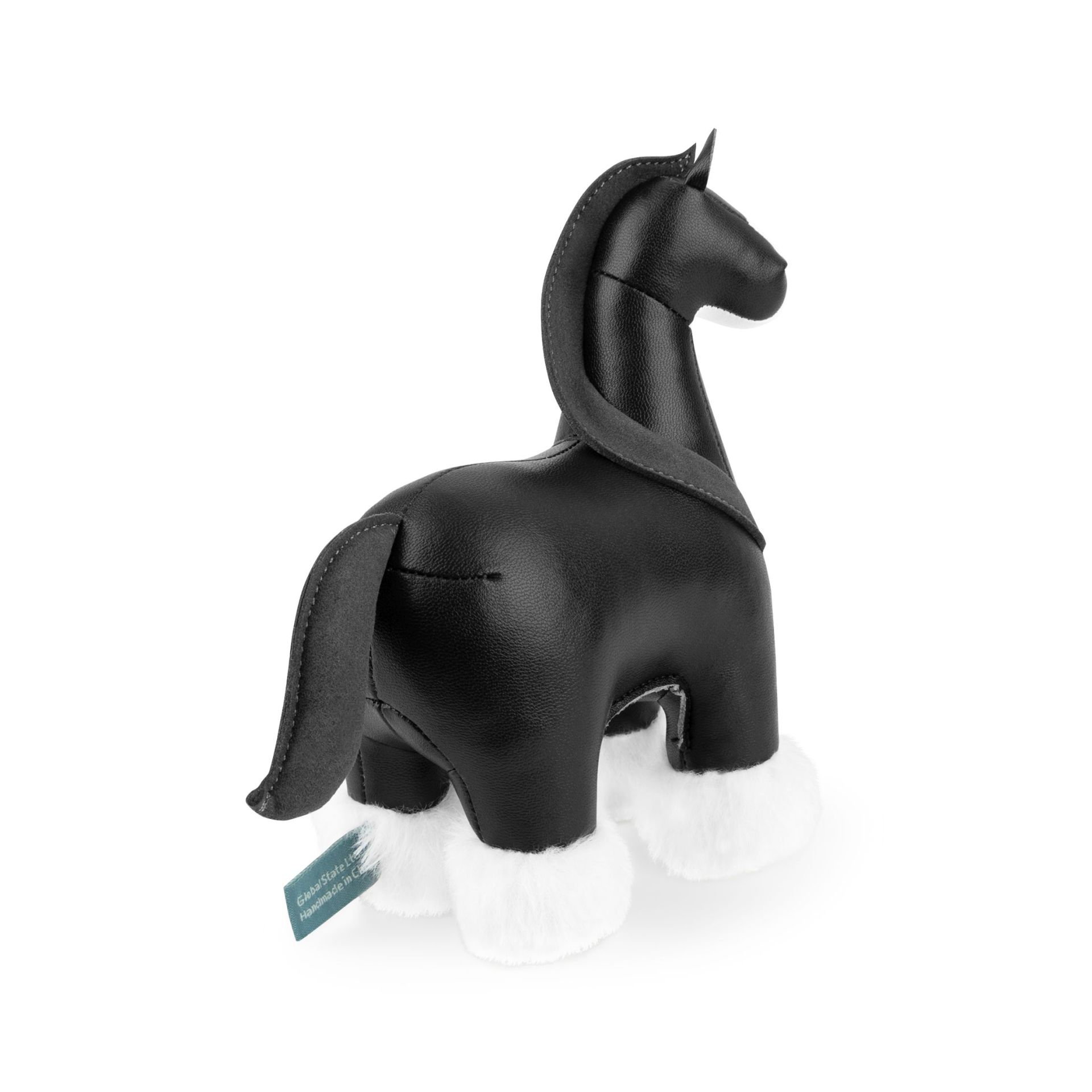 Briefbeschwerer in Pferdeform, Shire Horse, schwarz-dunkelgrau, aus Kunstleder mit weißen Fesselbehang, dekorativ und nützlich.