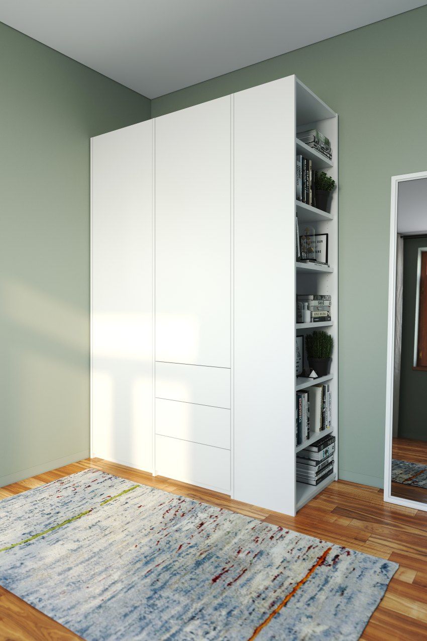 MODULAR PLUS wardrobe combination with add-on shelf on the right and 3 drawers Müller Möbelwerkstätten