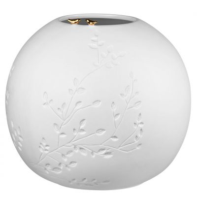 Weiße Vase mit goldenen Vögeln und floralem Muster, dekorative Keramik für Blumen und Pflanzen.