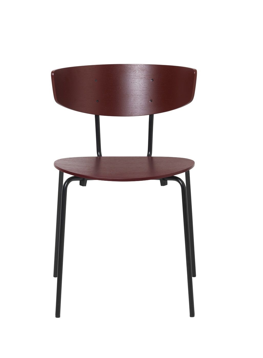 Herman Chair Stuhl von Ferm Living: Holzstuhl in Braun mit schwarzem Metallgestell.