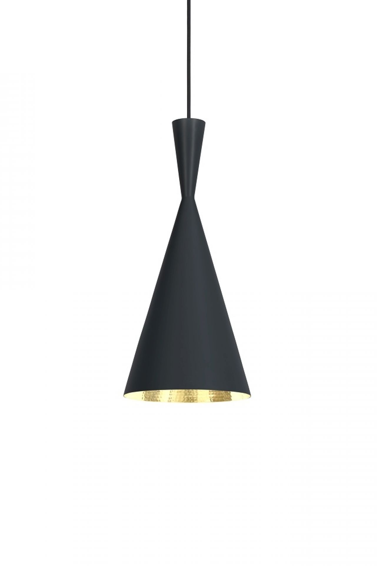 Schwarze Tom Dixon Beat Tall Pendelleuchte mit goldfarbener Innenseite, moderne LED Hängelampe für Wohnzimmer.