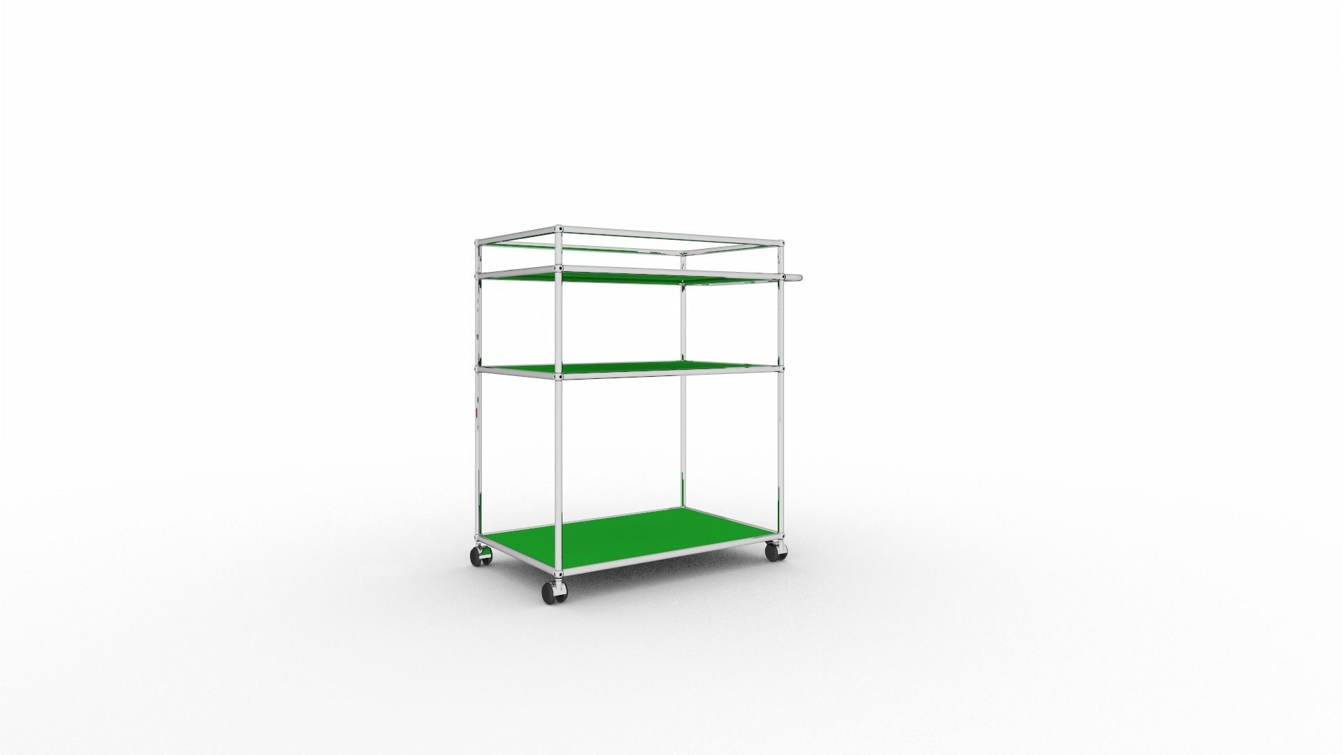 USM Haller Servierwagen in Grün mit drei Ebenen und Rollen für flexible Nutzung.