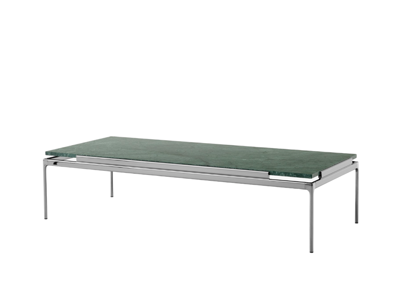 Sett LN12 Couchtisch von AndTradition mit grüner Marmorplatte und filigranem Metallgestell.