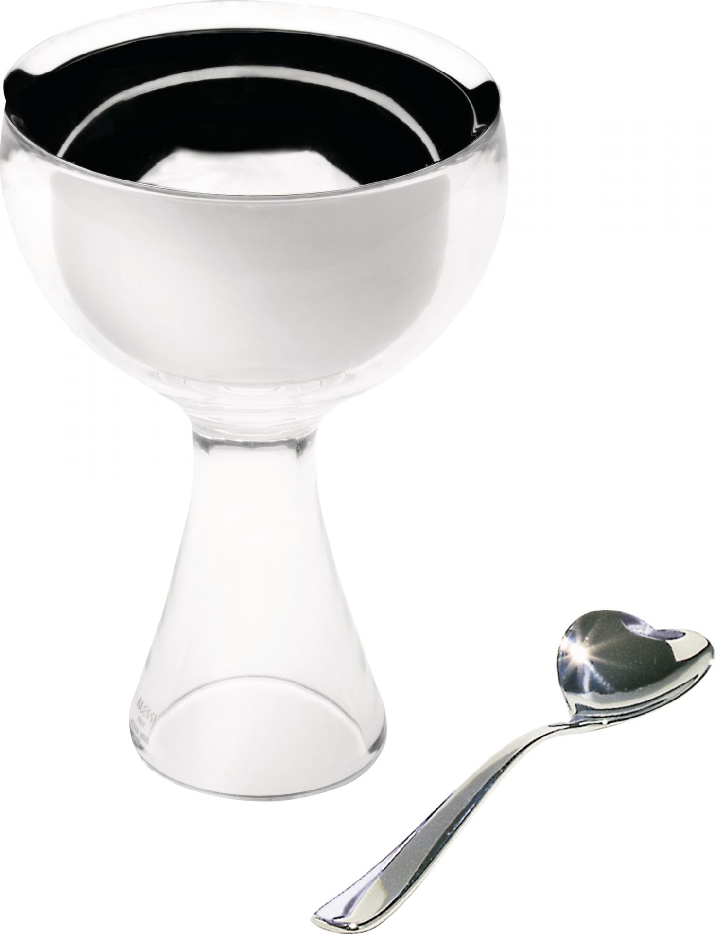 Alessi Big Love Eisbecher eisgrau mit Herzlöffel, stilvolles Dessertglas für Eis und Süßspeisen.