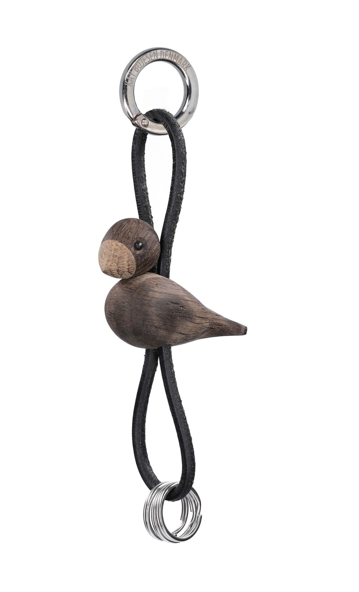 Bird oak silver coloured metal keyring pendant with black leather Kay Bojesen 