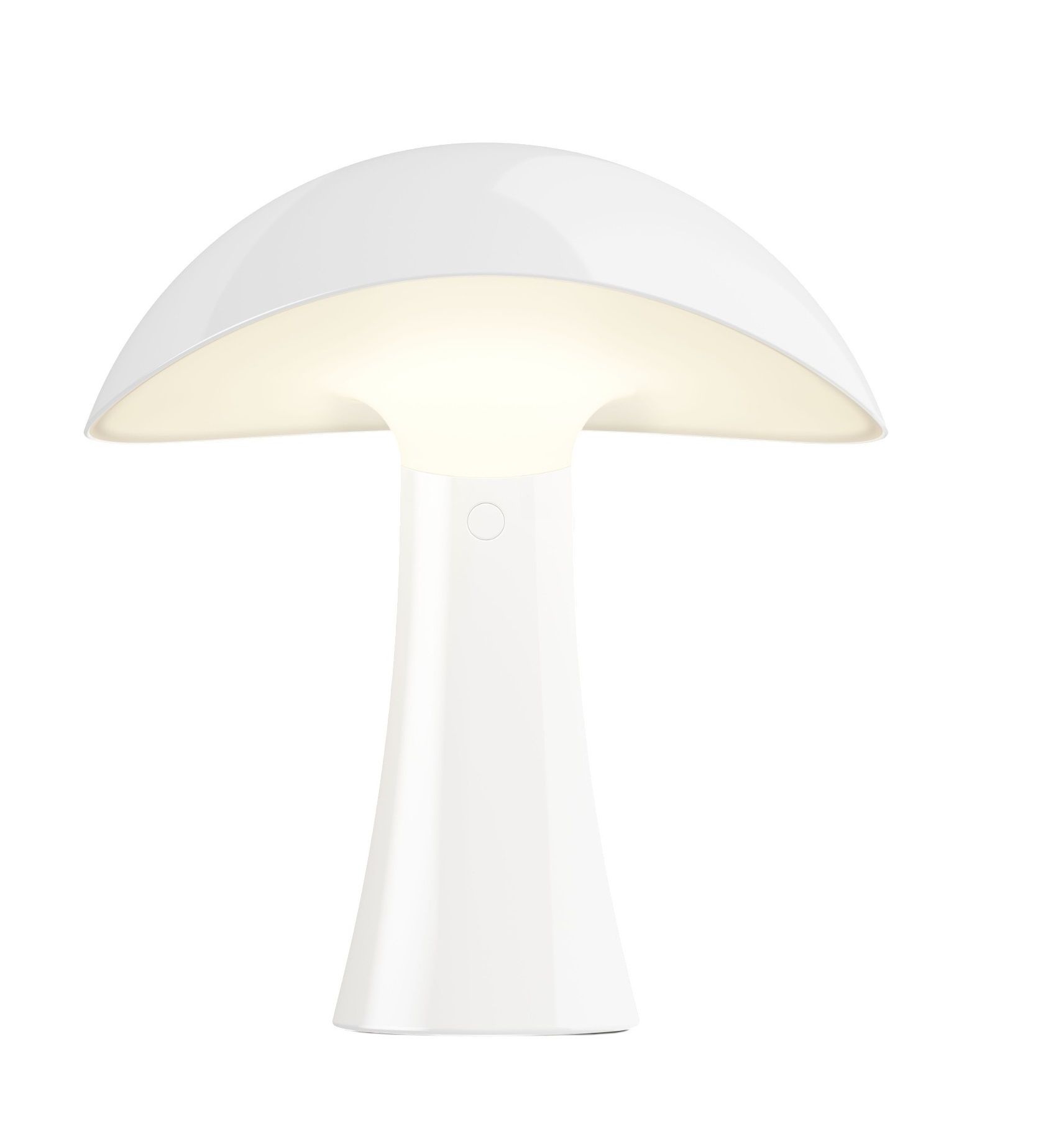 Weiße Rumee Akkuleuchte von Louis Poulsen, pilzförmiges Design für Innen und Außen.