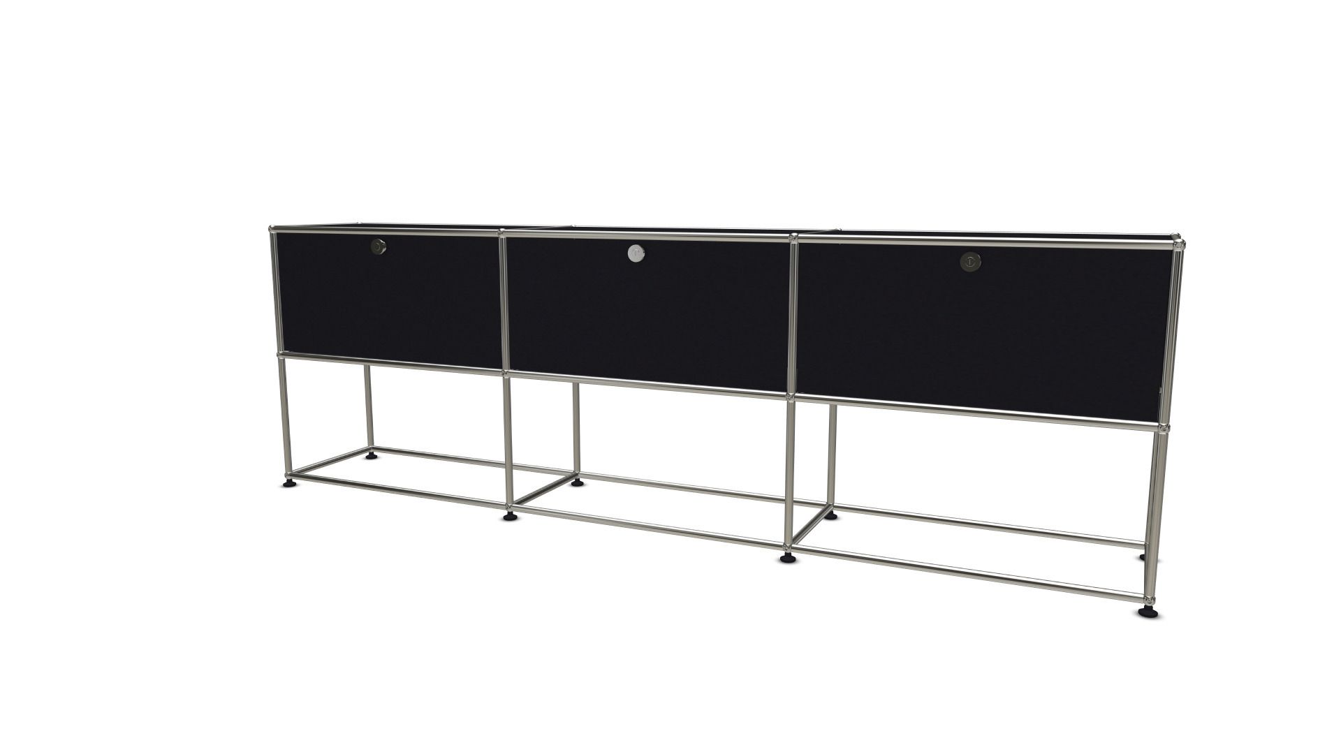 Schwarzes USM Haller Sideboard mit drei Klappen und verchromtem Gestell für modernes Wohnen.
