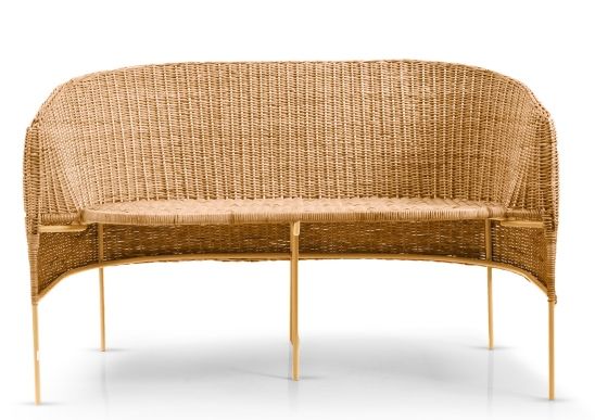 Caribe 2-Sitzer Bank aus Rattan für den Außenbereich, gelb, natürliches Material. Gartenmöbel für zwei Personen.