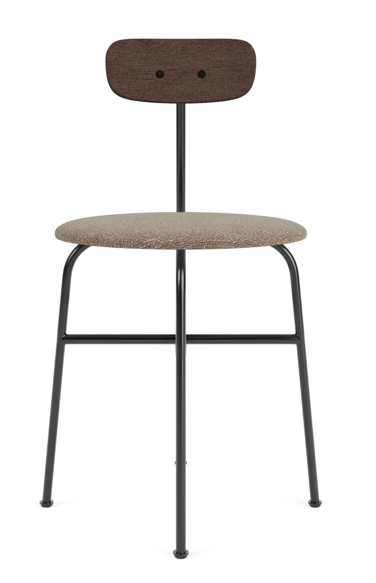 Afteroom Stuhl von Audo Copenhagen: Esszimmerstuhl mit braunem Holzrücken, beigem Sitz und schwarzem Metallgestell.