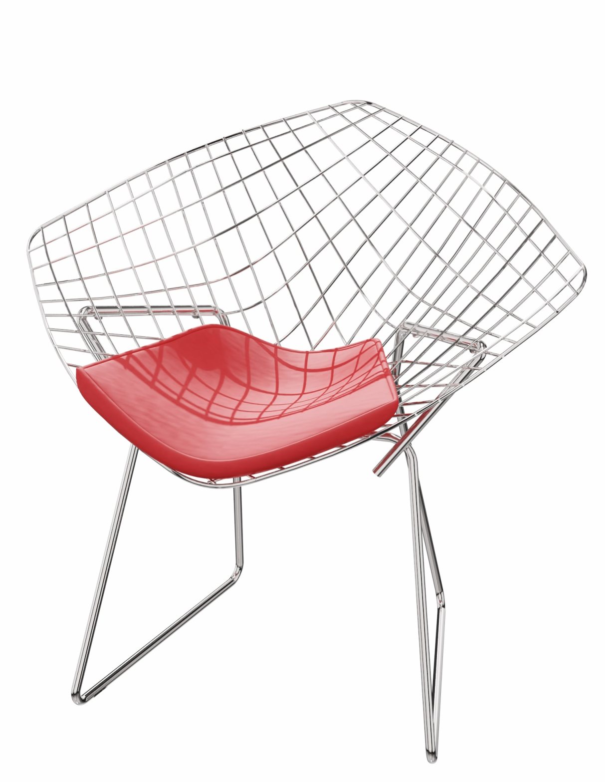 Diamond Sessel von Knoll International mit rotem Sitzkissen und verchromtem Drahtgestell.