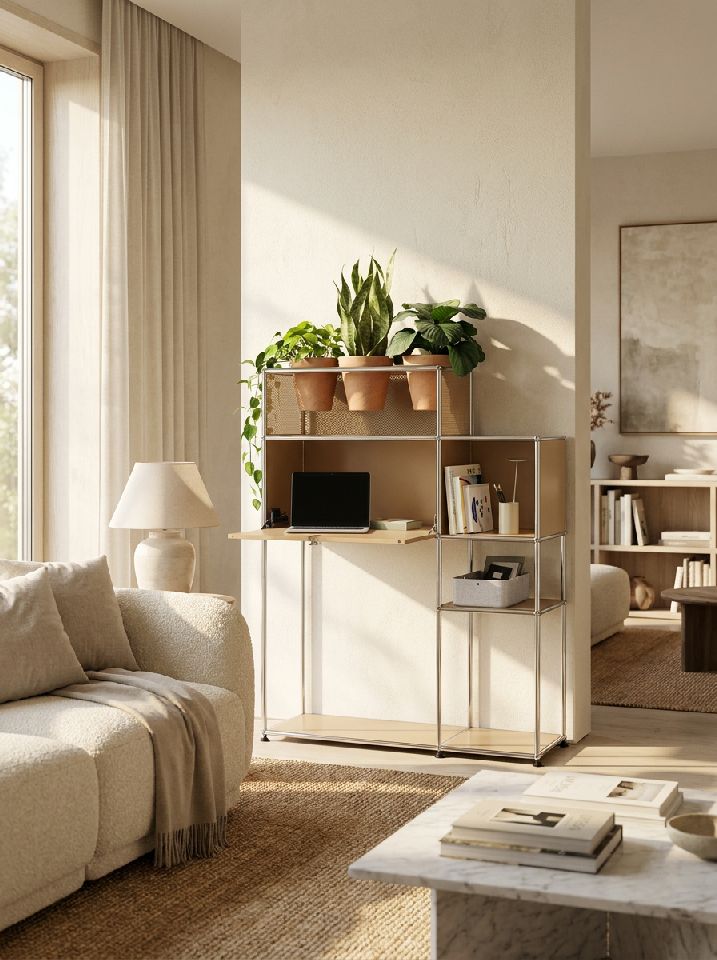 Home office with plant element USM Haller steel blue