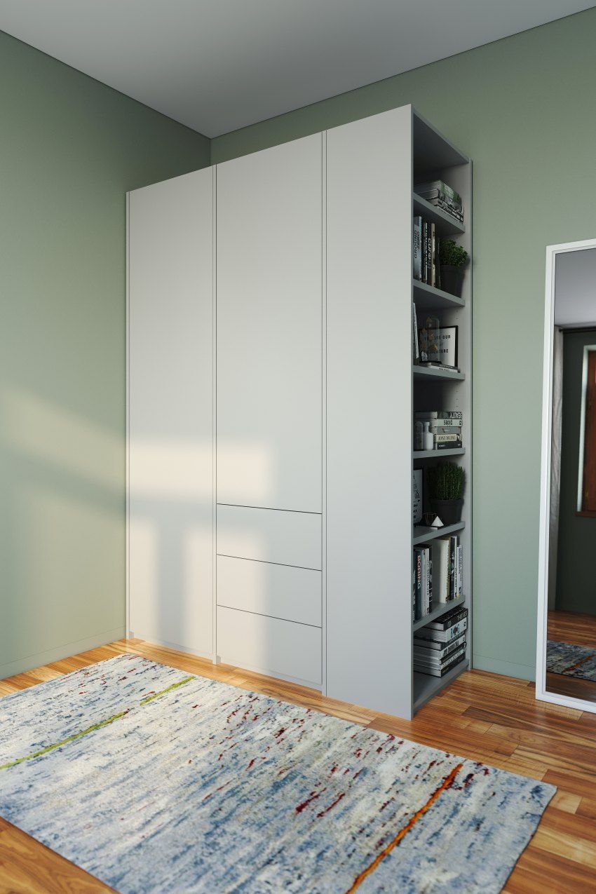 MODULAR PLUS wardrobe combination with add-on shelf on the right and 3 drawers Müller Möbelwerkstätten