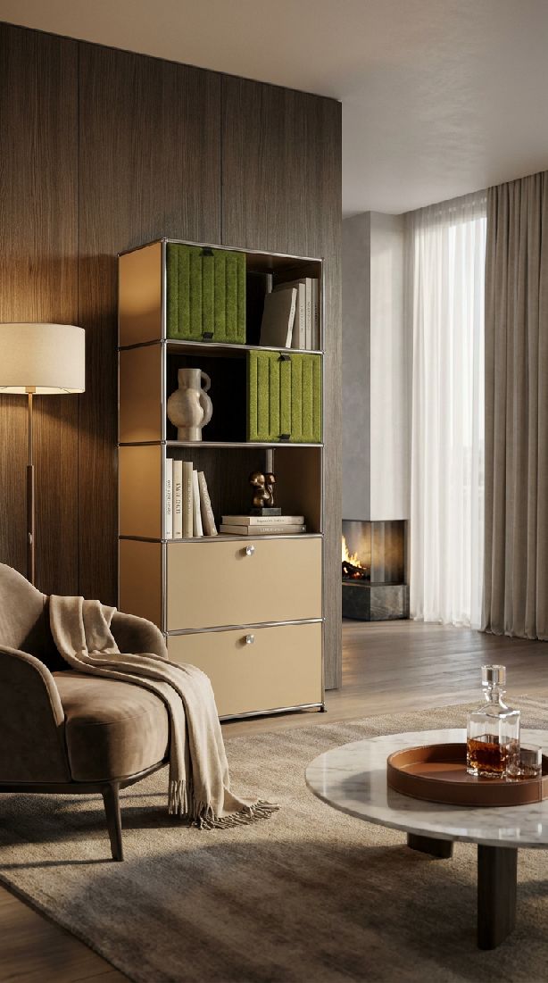 USM Haller shelving unit with Soft Panels M69 Pure White-Taupe