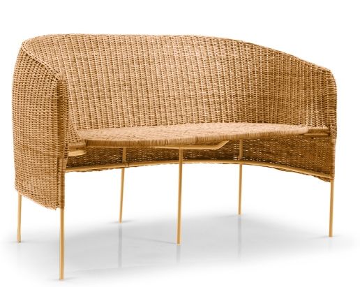 Caribe 2-Sitzer Bank aus Rattan für den Außenbereich, gelbes Naturmaterial, Gartenmöbel.