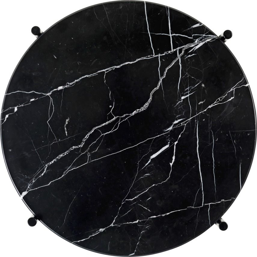 TS Beistelltisch von Gubi mit runder Tischplatte aus schwarzem Marmor und filigranem Metallgestell.