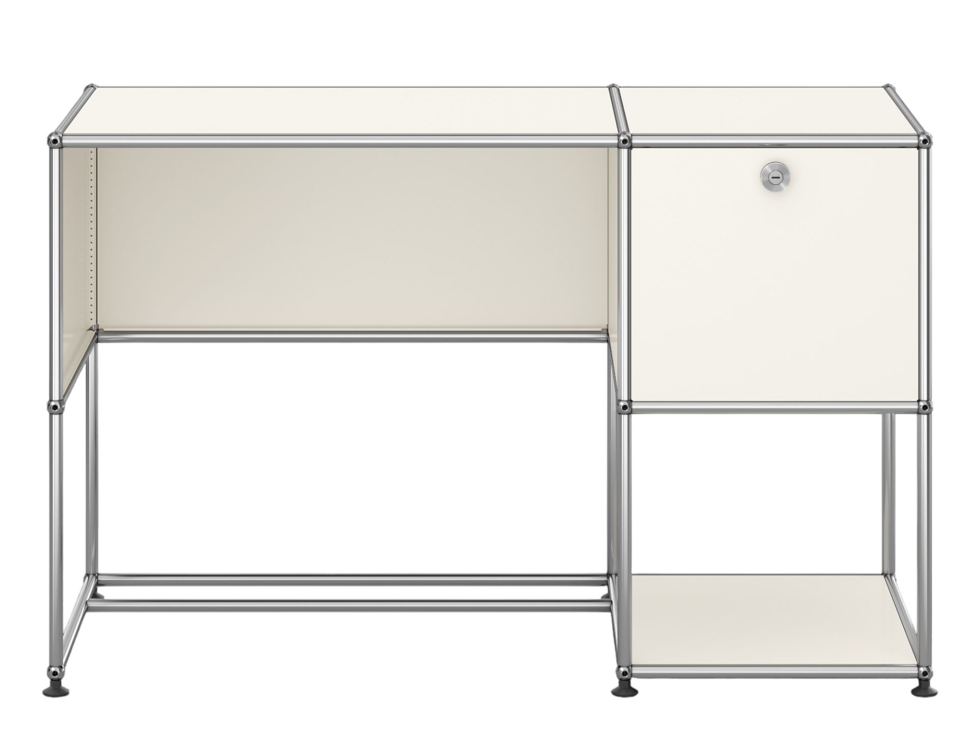USM Haller Schreibtisch in Reinweiss mit einem Schubladenelement und verchromtem Gestell. Moderner Bürotisch.