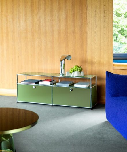 USM Haller lowboard with two hinged doors olive green NEW STANDARD COLOUR