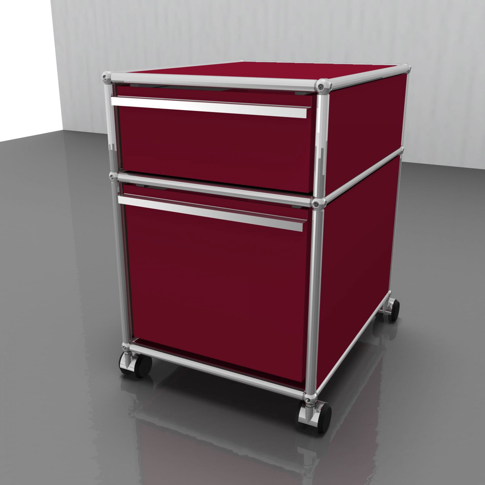 Rubinroter USM Haller Rollcontainer mit zwei Schubladen und Hängeregistratur, modernes Design für Büro und Arbeitszimmer.