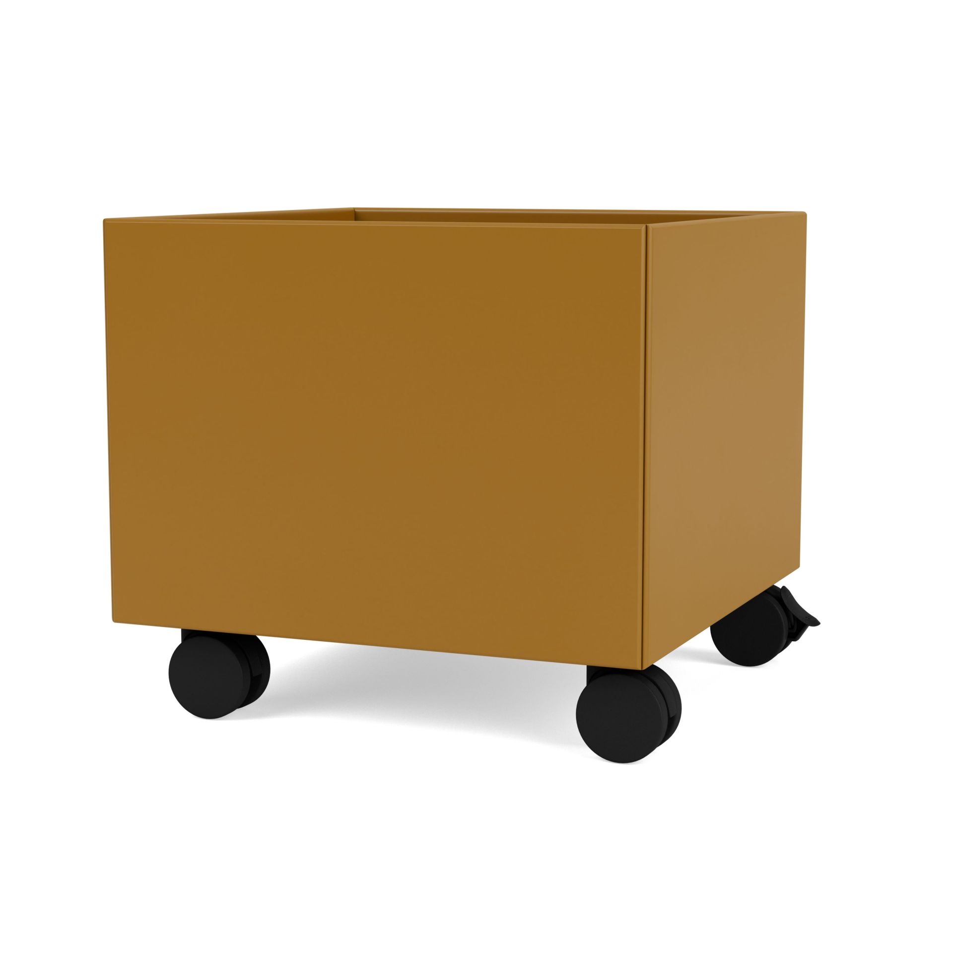 Amberfarbene Mini Play Aufbewahrungsbox mit Rollen, ideal für Kinderzimmer und Spielzeugaufbewahrung.