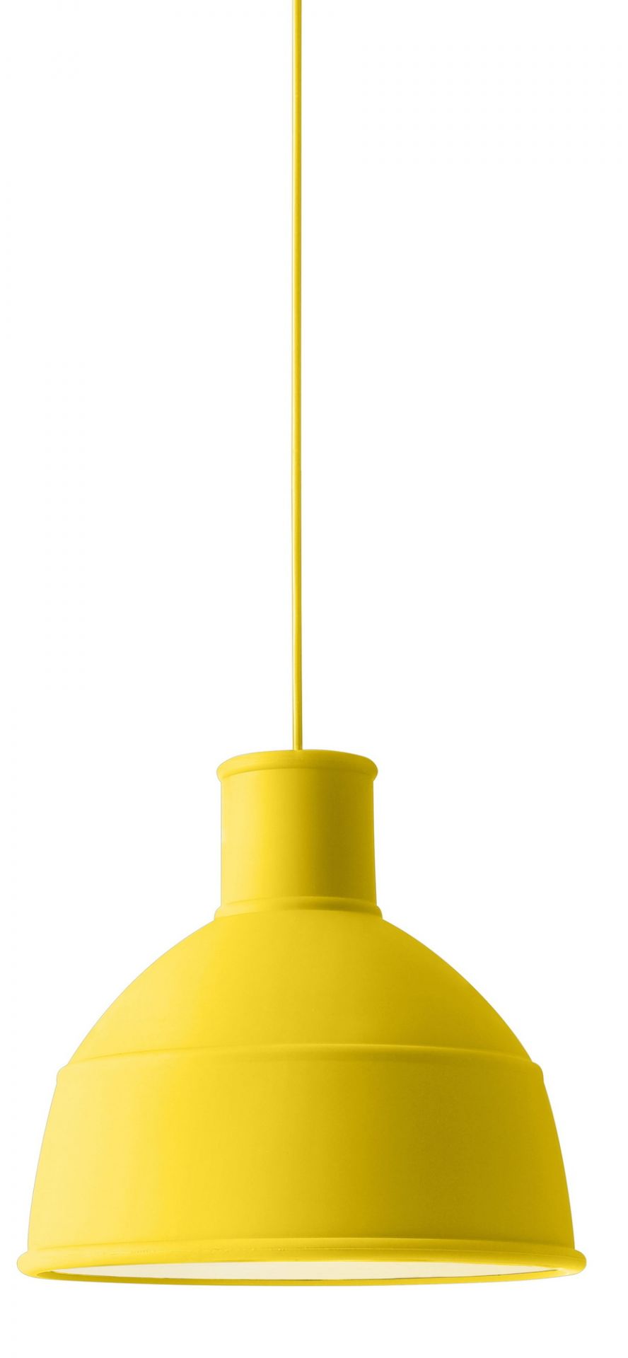 Gelbe Muuto Unfold Pendelleuchte mit Kabel, moderne Hängelampe für Wohnzimmer und Esszimmer.