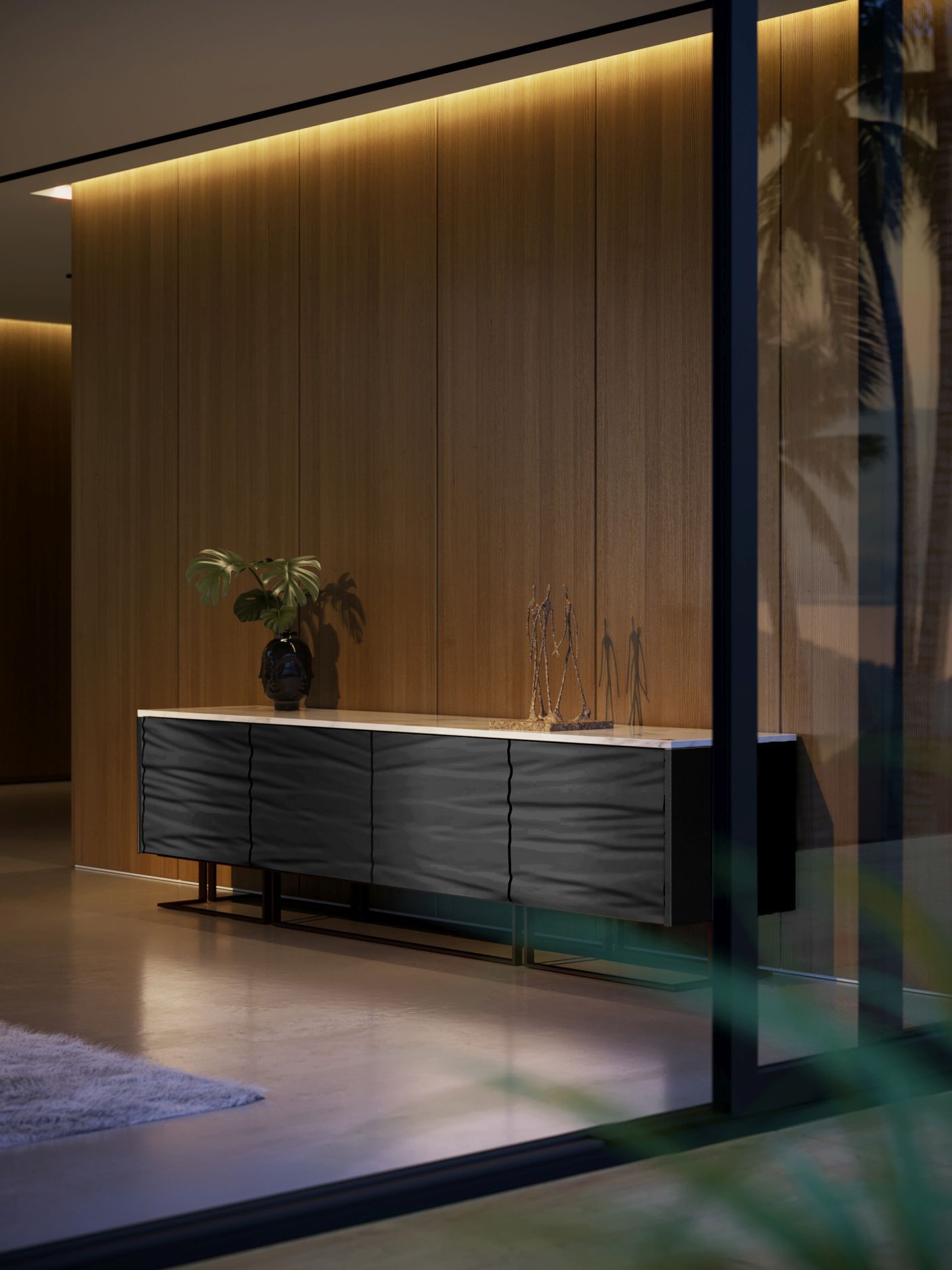 Casse Sideboard Nero Marquina Marble, Black Leather and Matt Rose Gold Mansi London