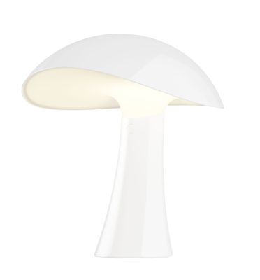 Weiße Rumee 220 Akkuleuchte von Louis Poulsen, pilzförmiges Design für Innen- und Außenbereich.