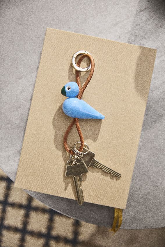Bird blue key ring silver coloured metal with natural leather Kay Bojesen
