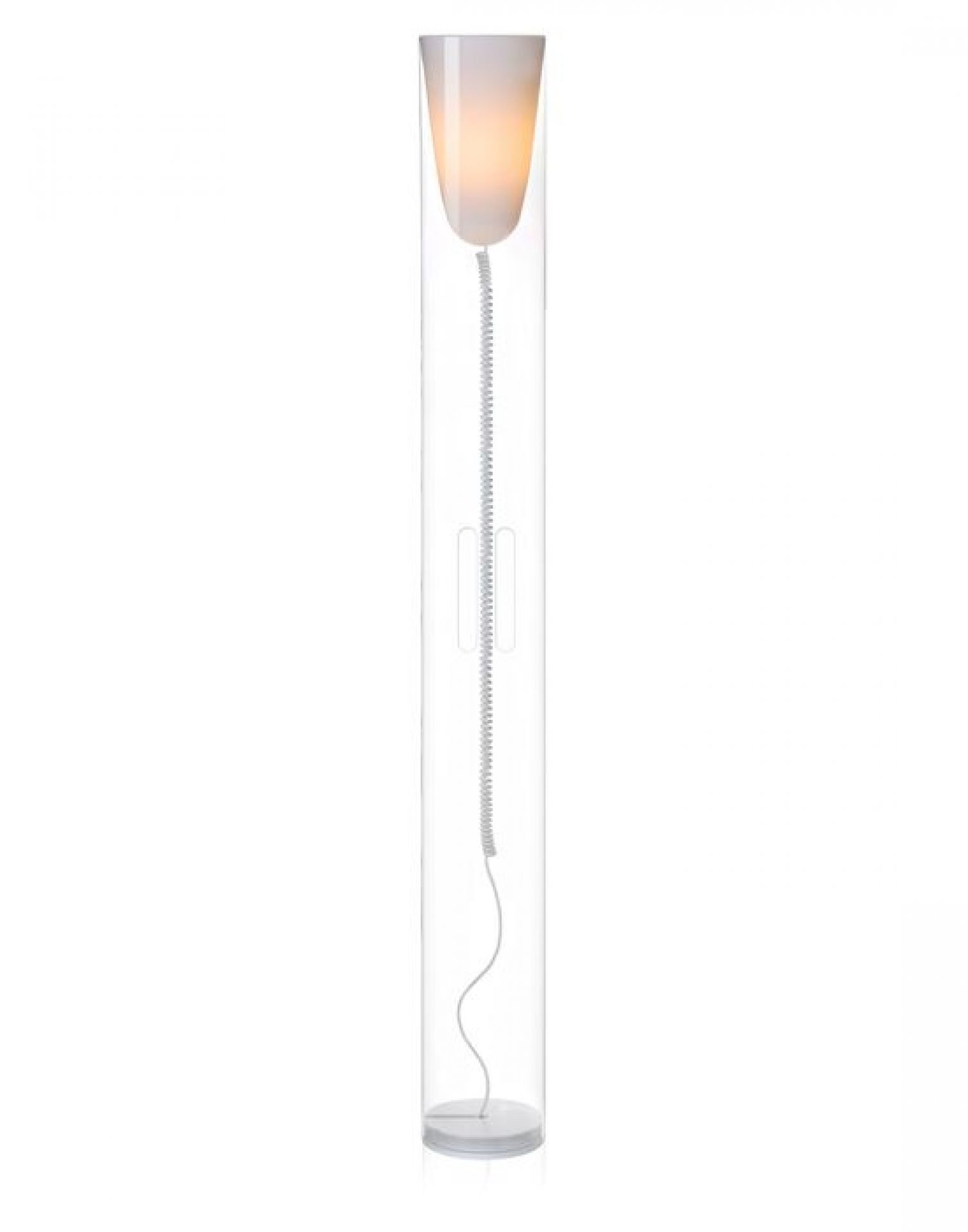 Toobe Stehleuchte von Kartell, moderne transparente Röhrenleuchte mit weißem Lampenschirm und spiralförmigem Kabel.