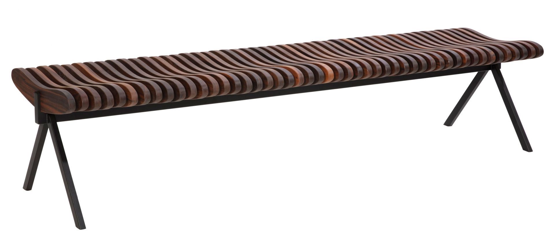 Prelude Bank aus Walnussholz mit schwarzem Metallgestell. Design Sitzbank für Wohnzimmer und Wartebereiche.