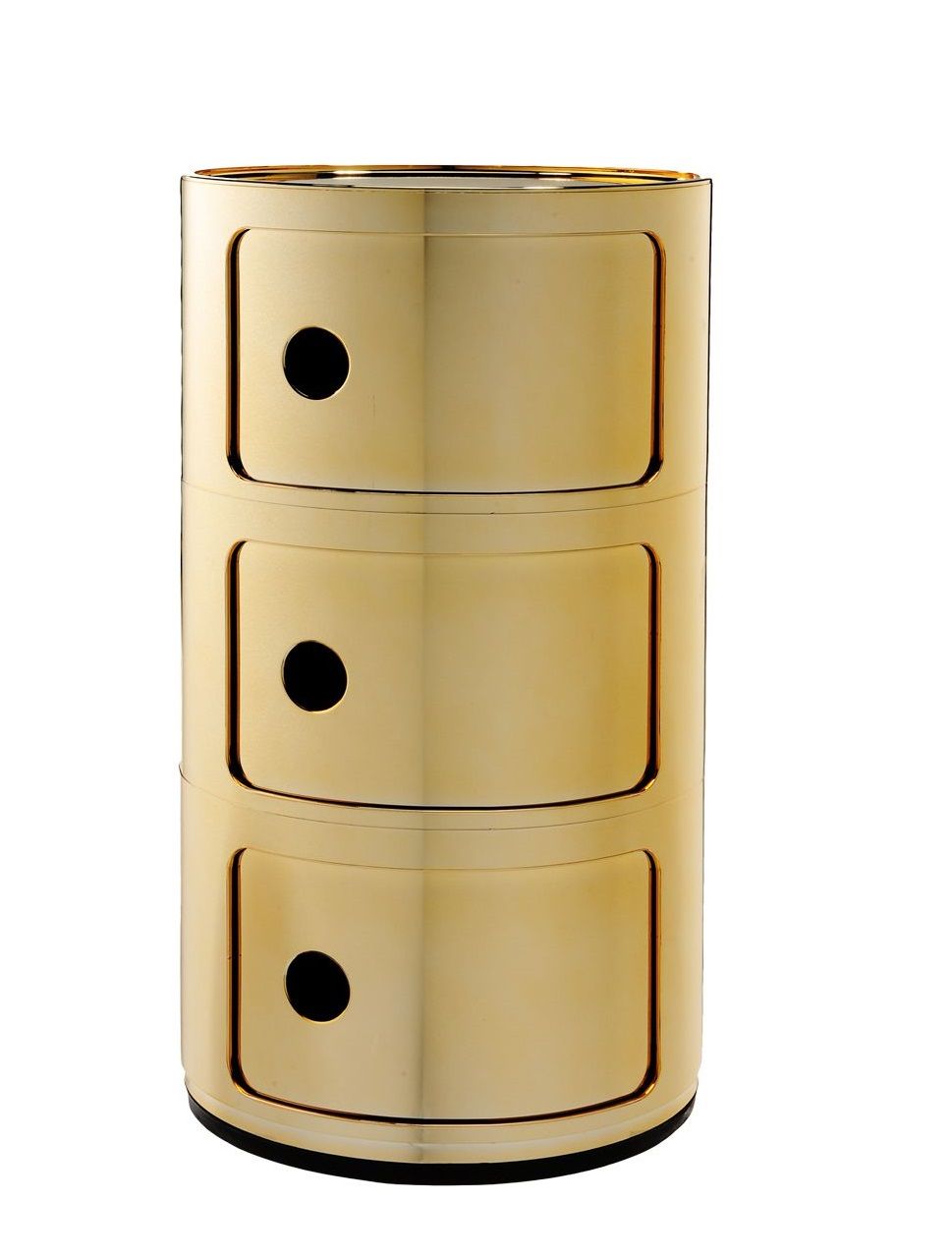 Goldener Kartell Componibili 3er Element Aufbewahrungsturm, ideal als Nachttisch oder Beistelltisch im modernen Wohnraum.