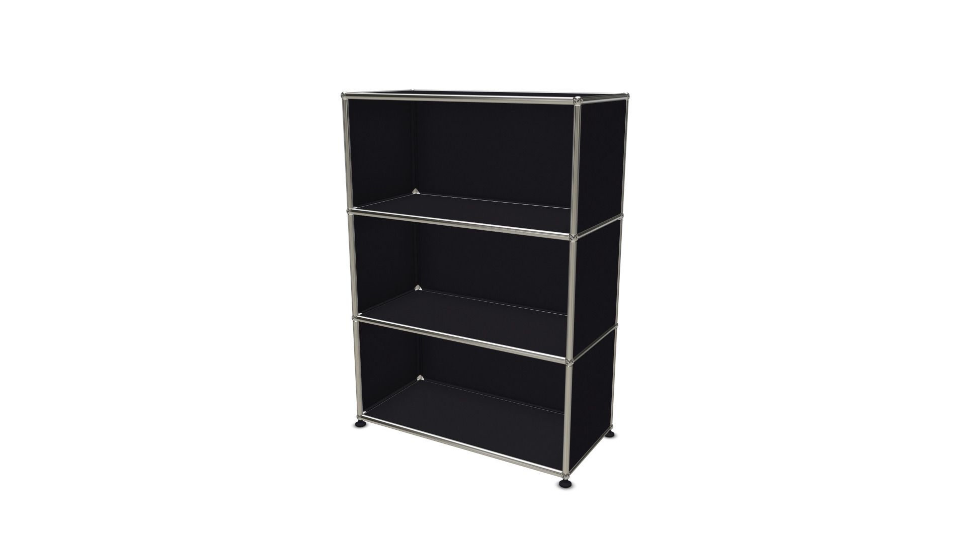 Schwarzes USM Haller Highboard mit drei offenen Fächern und verchromtem Gestell für modernes Wohnen.