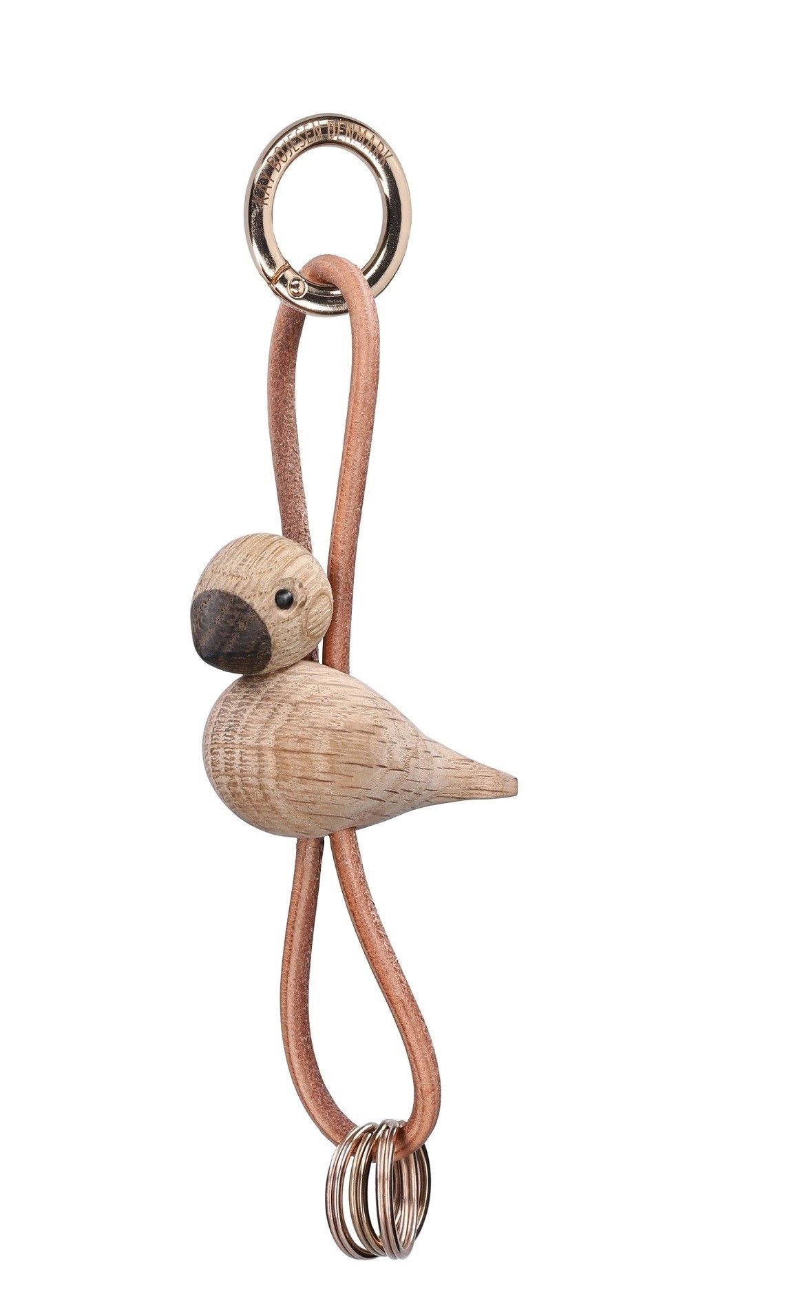 Bird oak golden coloured metal keyring pendant with natural leather Kay Bojesen