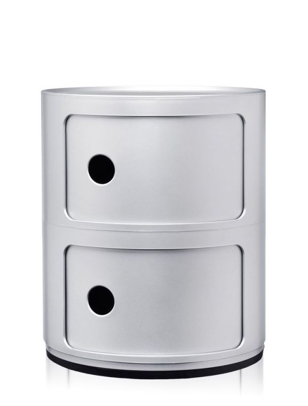 Silberner Kartell Componibili 2er Container mit zwei Fächern und runden Grifföffnungen, modernes Design für Wohnzimmer und Büro.