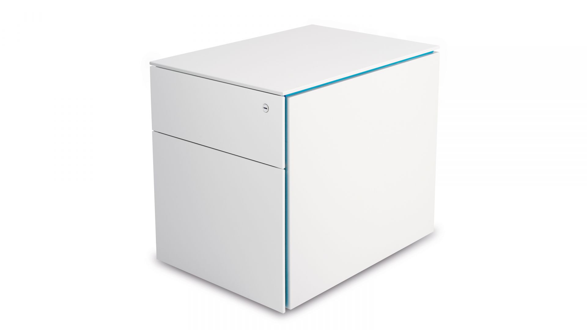 Weißer Steelcase Rollcontainer mit zwei Schubladen und blauen Akzenten für Büro und Arbeitszimmer.