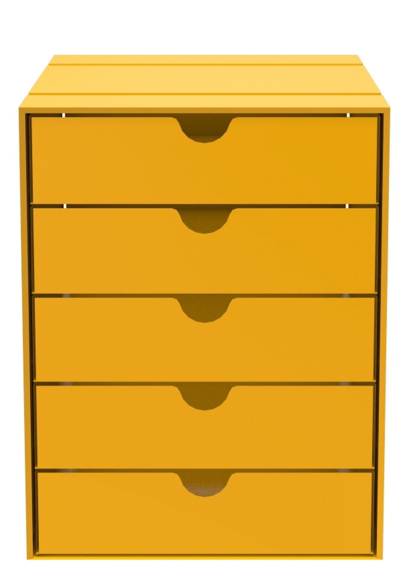 USM Haller Inos Kastenset in Goldgelb mit fünf geschlossenen Schalen für das Home Office.