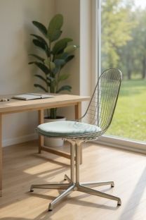 Vitra DKL-5 Wire Chair Stuhl mit hellblauem Sitzkissen vor Fenster und Schreibtisch im hellen Raum.