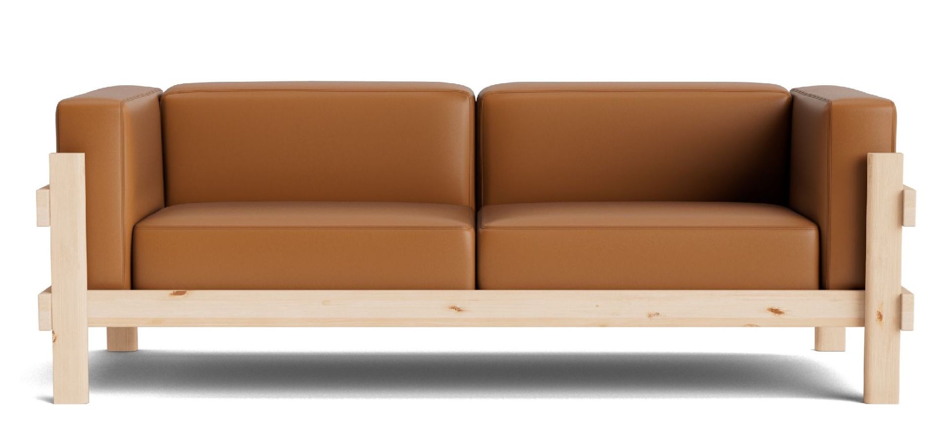 Kube Sofa von Normann Copenhagen, modernes 2-Sitzer Sofa mit hellbraunem Lederbezug und hellem Holzrahmen.
