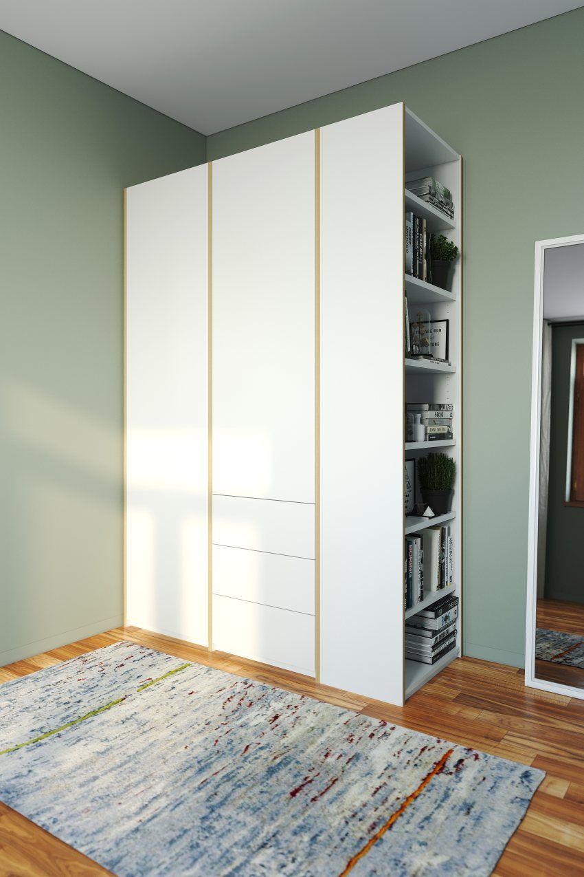 MODULAR PLUS wardrobe combination with add-on shelf on the right and 3 drawers Müller Möbelwerkstätten