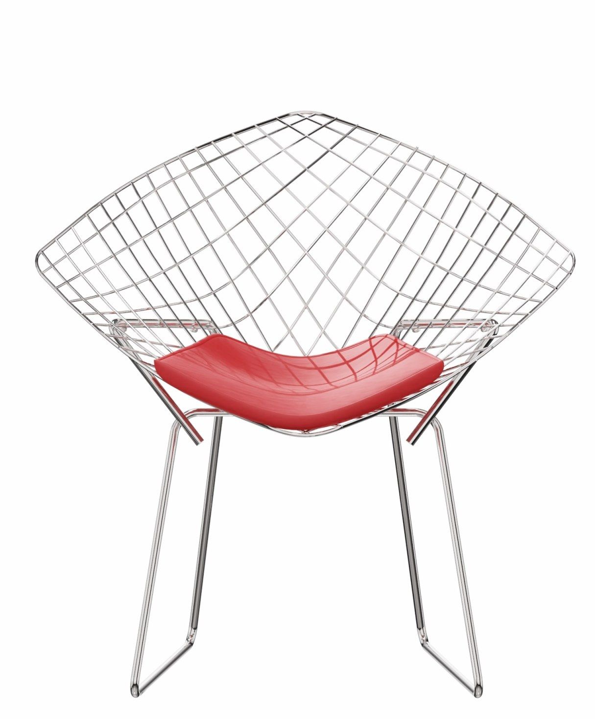 Diamond Sessel von Knoll International mit rotem Sitzkissen und verchromtem Drahtgestell. Designklassiker.
