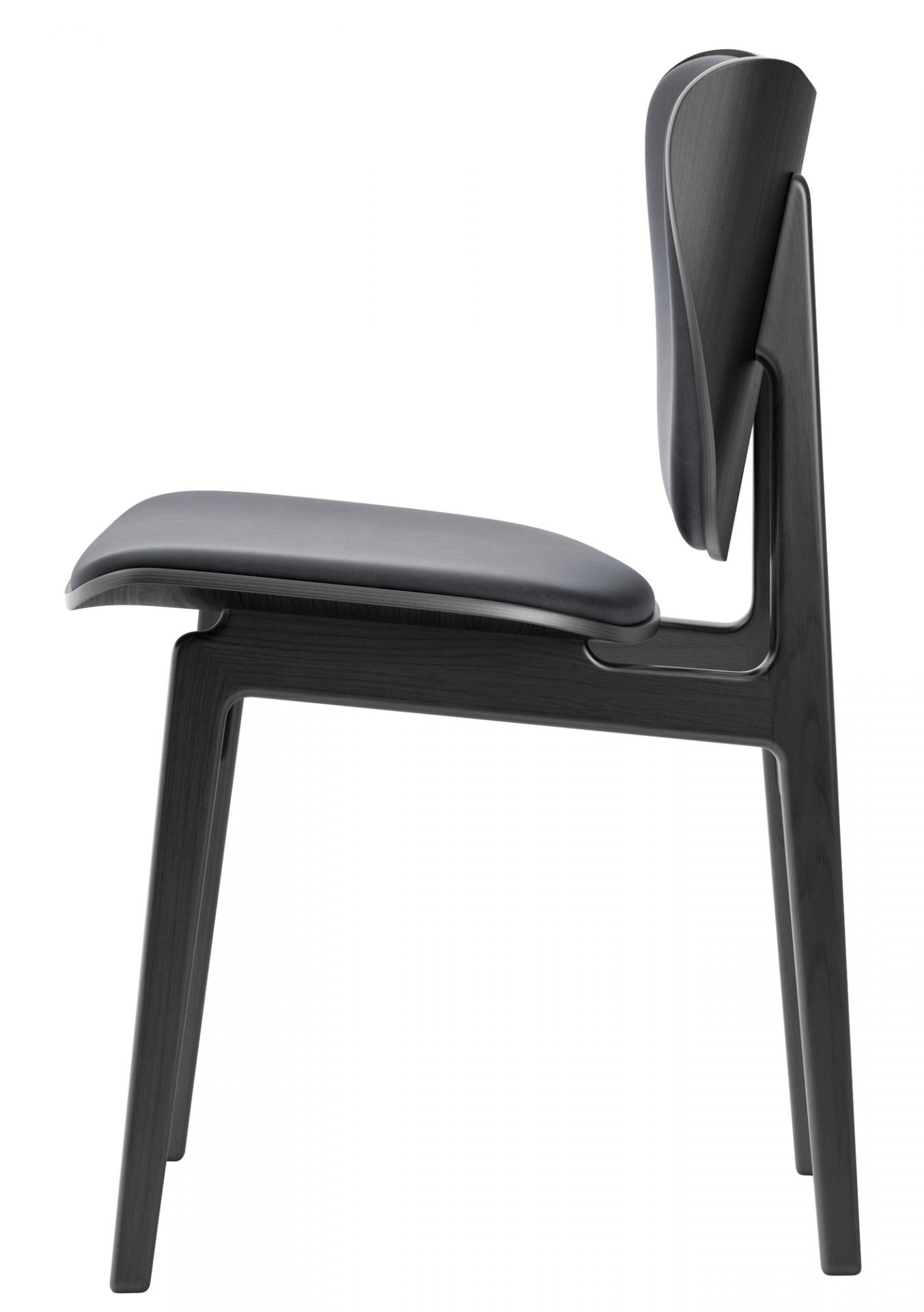 Elephant Dining Chair Stuhl aus Eiche schwarz mit anthrazitfarbenem Vintage Lederbezug, Seitenansicht.
