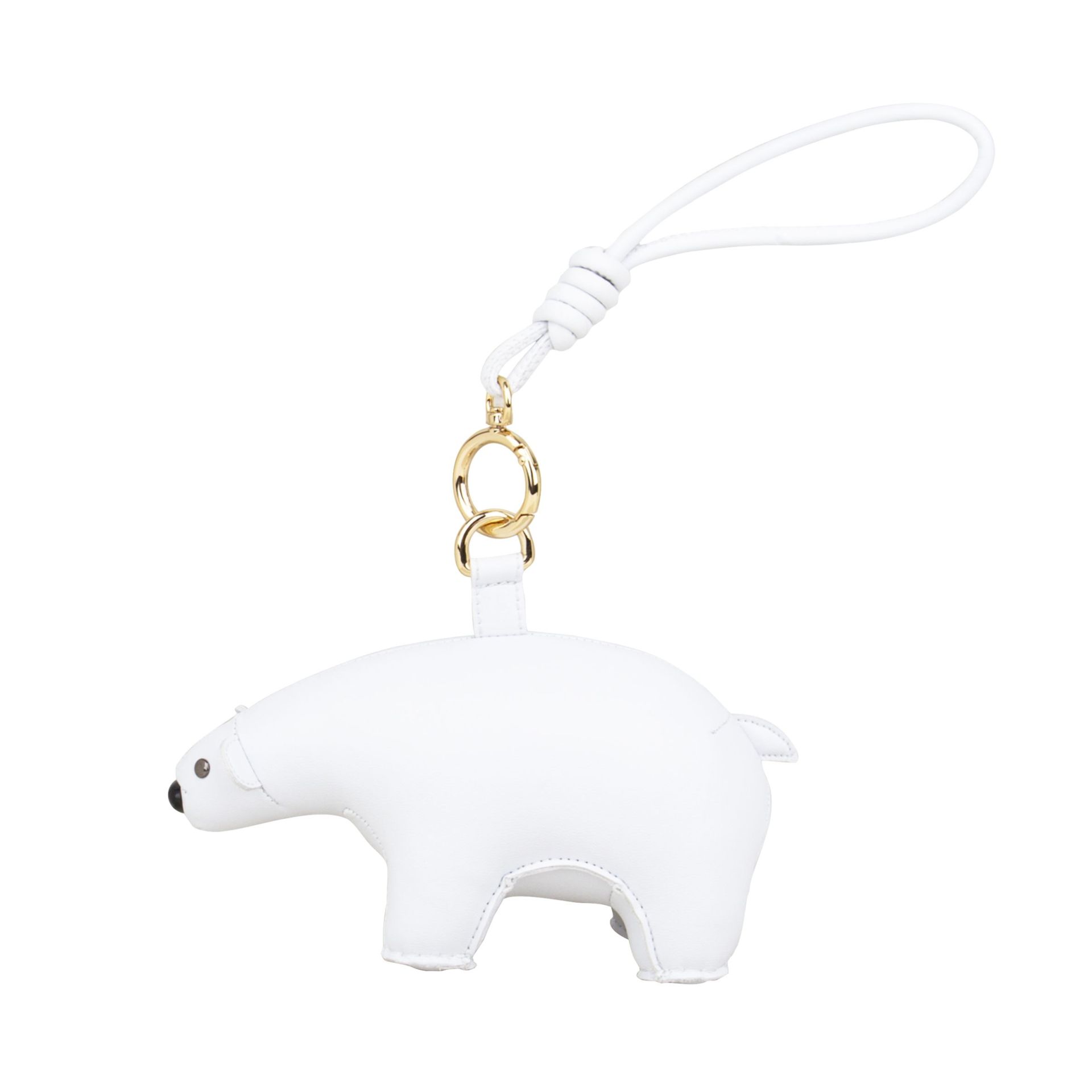 Züny Eisbär Taschenanhänger: Weißer Kunstleder-Eisbär mit goldenem Ring und weißer Schlaufe als Taschenschmuck.