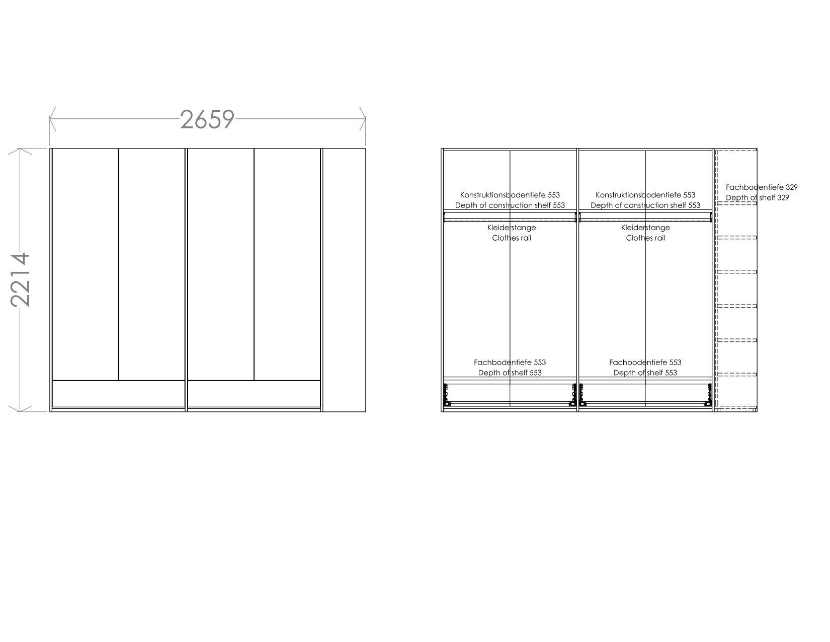 MODULAR PLUS wardrobe combination double wardrobe with 2 drawers and add-on wardrobe right Müller Möbelwerkstätten