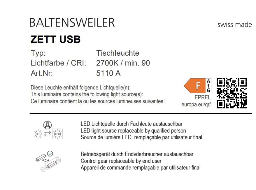 ZETT USB Wall Lamp / Table Lamp Baltensweiler