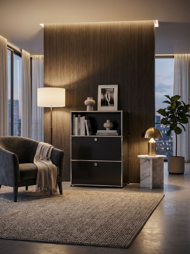 USM Haller Highboard mit 2 Klappen und 1 Fach offen-reinweiß